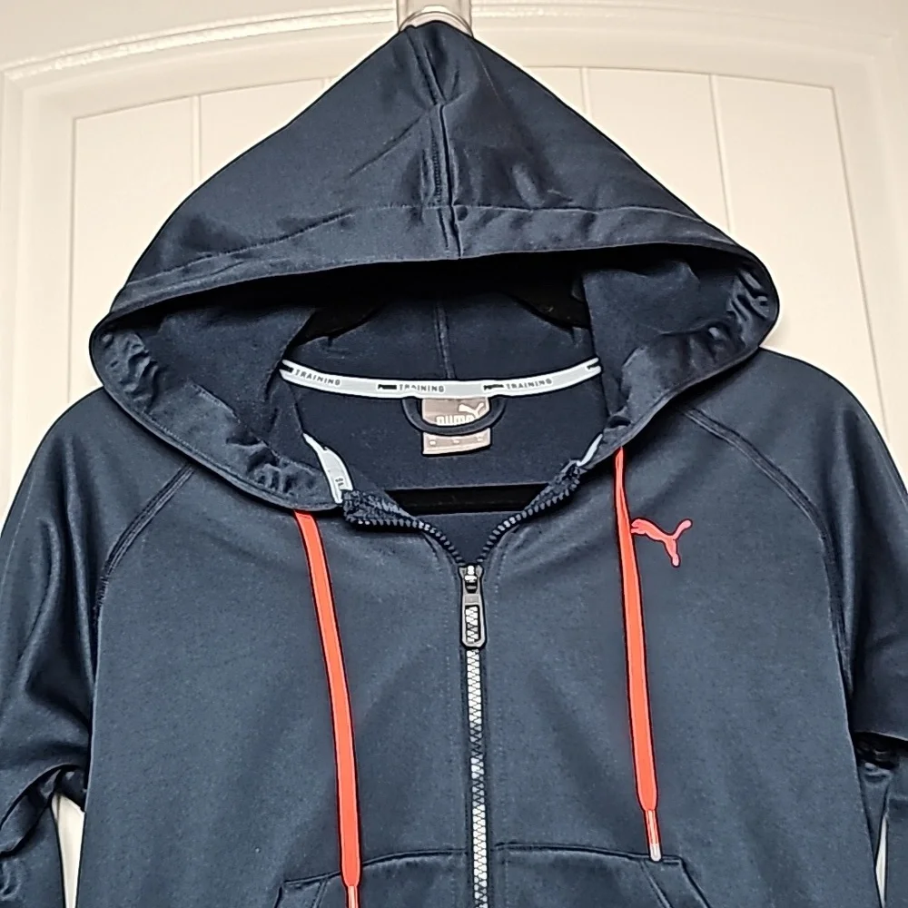 Puma Training XS navy blue zip up hoodie, neon pink/orange accents - Picture 3 of 15